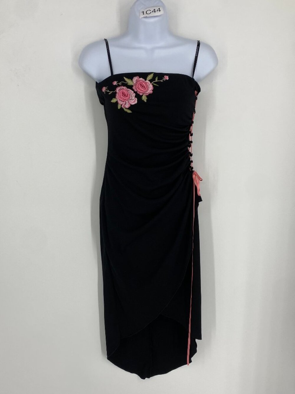 Vintage 90s Rampage Rose Embroidered Strapless Prom Dress Black Pink Cinch